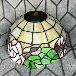 Vintage Tiffany Style Stained Glass Pink Rose Design Floral Round Lamp Shade B1